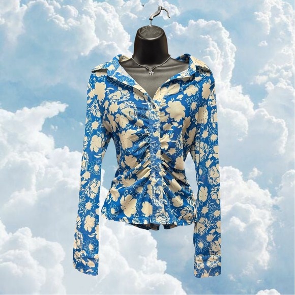 Y2K Mesh Rouched Button Top - Large - Blue and Offwhite Flowers Rave Festival - Picture 5 of 10